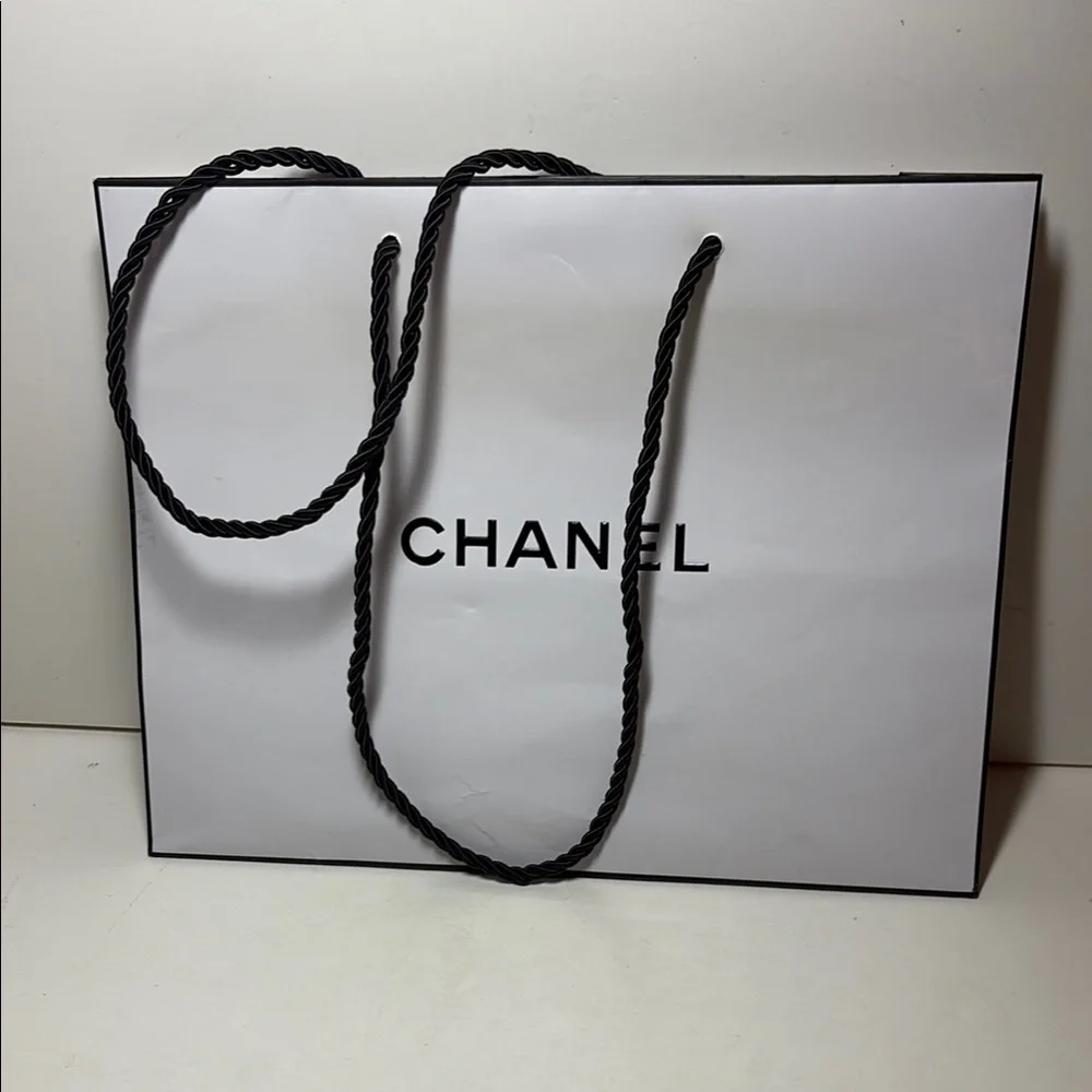 Chanel White Shopping Bag with Black Rope Handles
